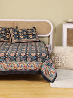 DEEP BLACK FOREST HAND BLOCK PRINT COTTON BEDSHEET WITH PILLOW COVER