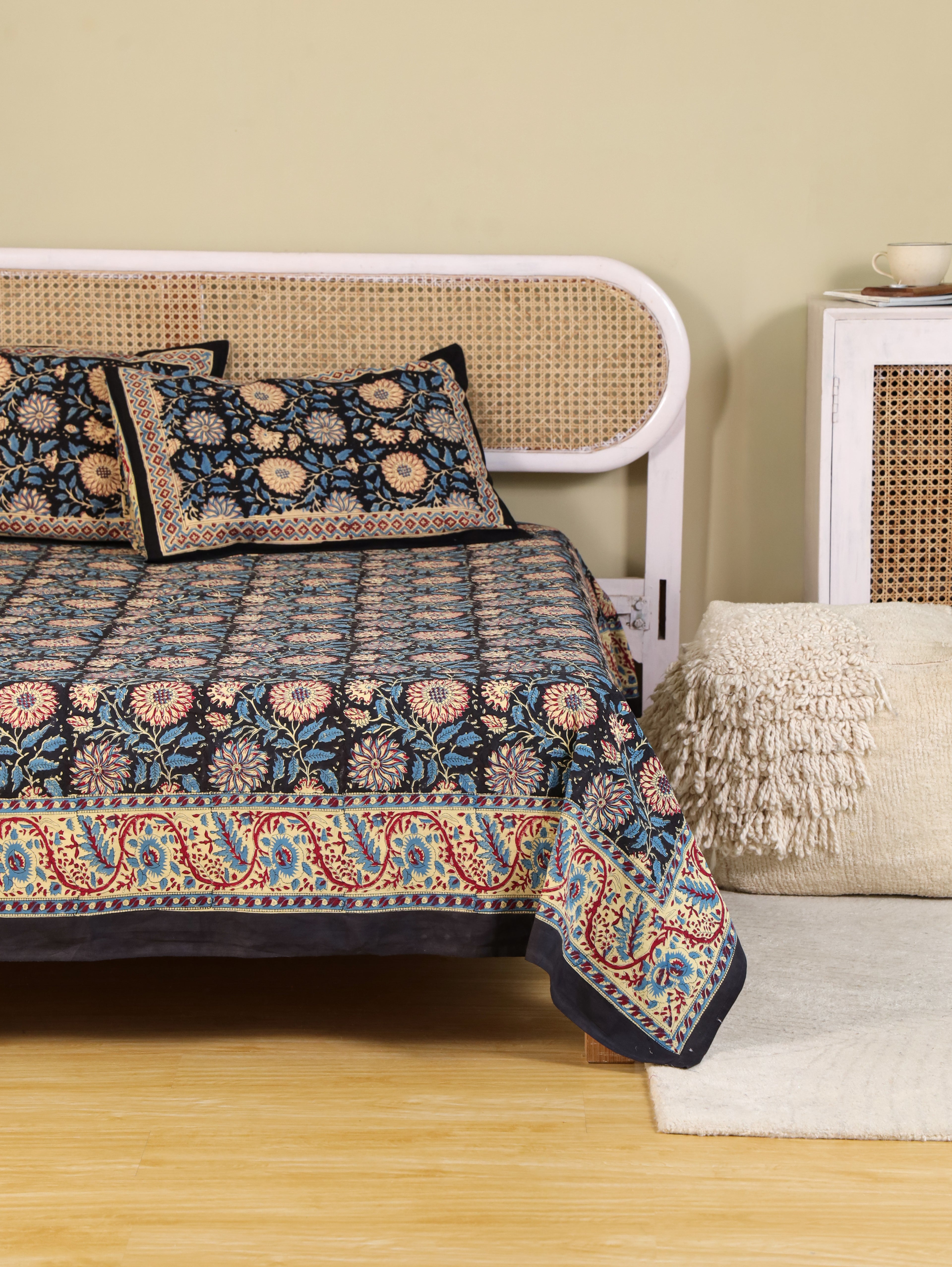 DEEP BLACK FOREST HAND BLOCK PRINT COTTON BEDSHEET WITH PILLOW COVER