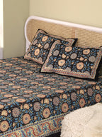 DEEP BLACK FOREST HAND BLOCK PRINT COTTON BEDSHEET WITH PILLOW COVER