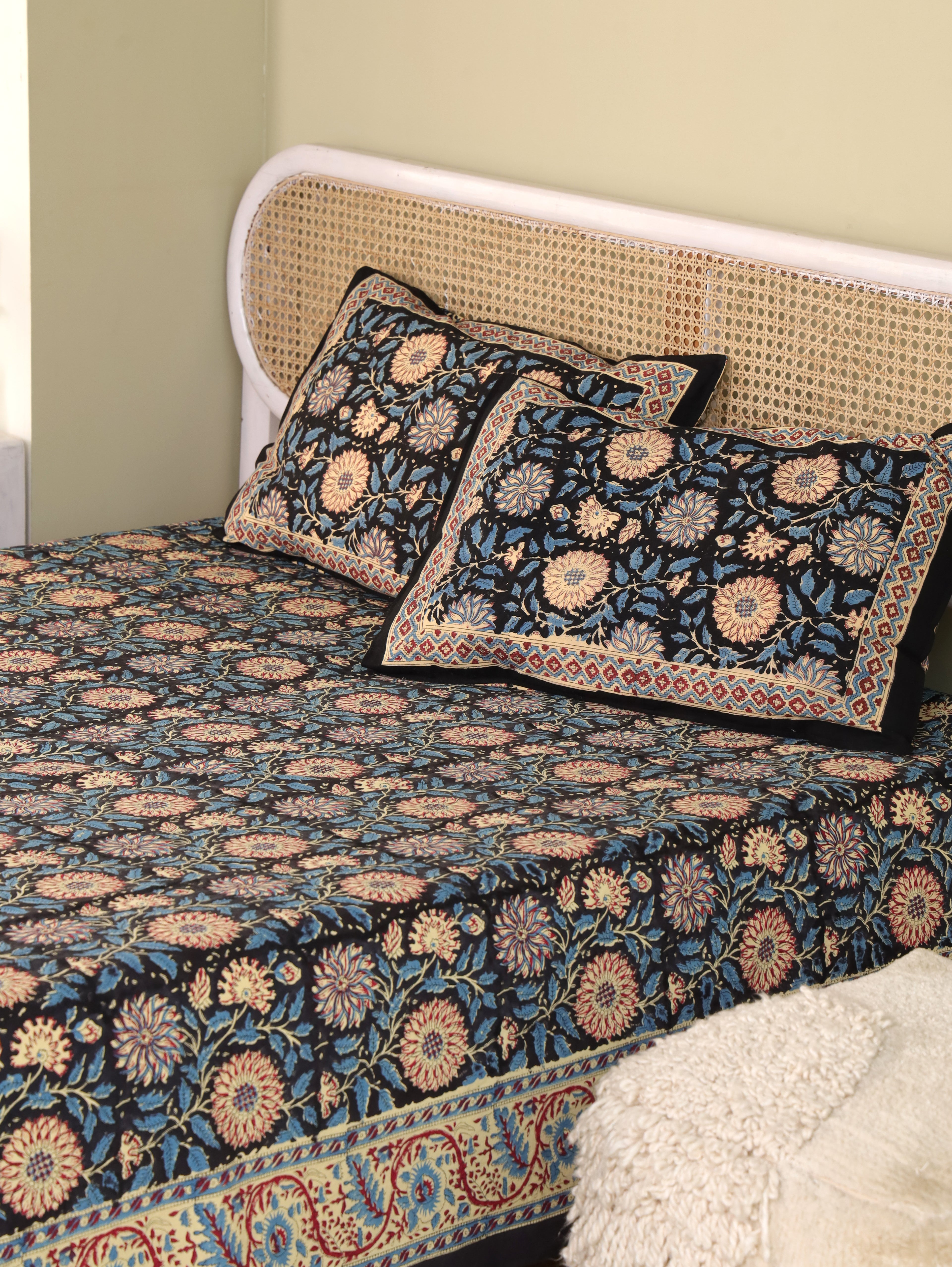 DEEP BLACK FOREST HAND BLOCK PRINT COTTON BEDSHEET WITH PILLOW COVER