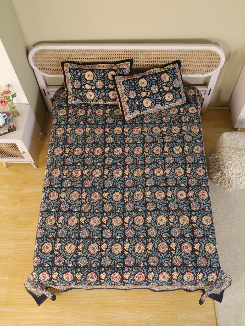 DEEP BLACK FOREST HAND BLOCK PRINT COTTON BEDSHEET WITH PILLOW COVER