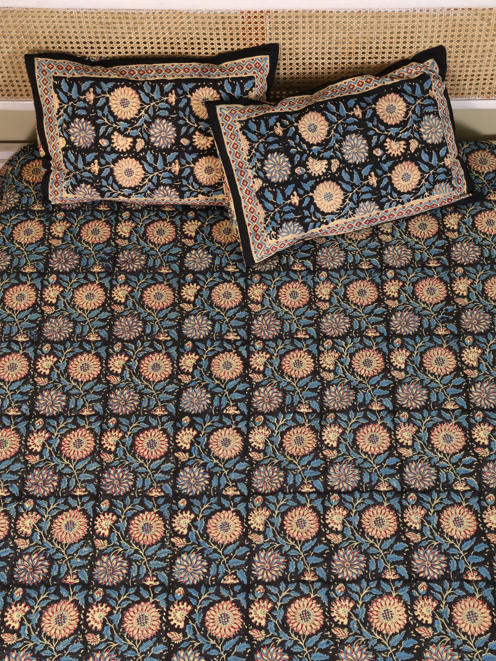 DEEP BLACK FOREST HAND BLOCK PRINT COTTON BEDSHEET WITH PILLOW COVER