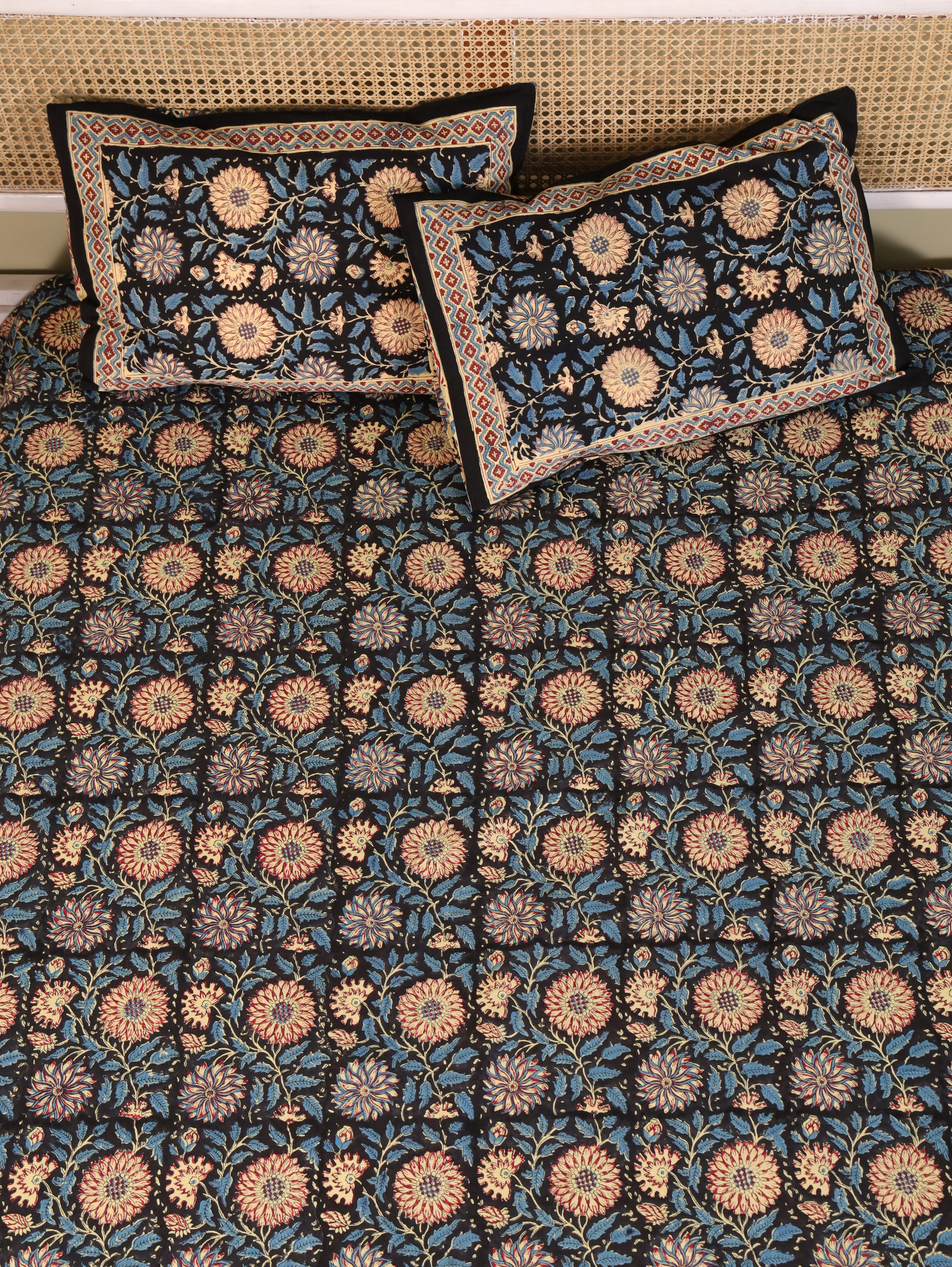 DEEP BLACK FOREST HAND BLOCK PRINT COTTON BEDSHEET WITH PILLOW COVER