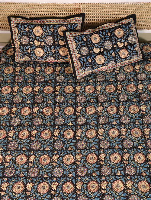 DEEP BLACK FOREST HAND BLOCK PRINT COTTON BEDSHEET WITH PILLOW COVER