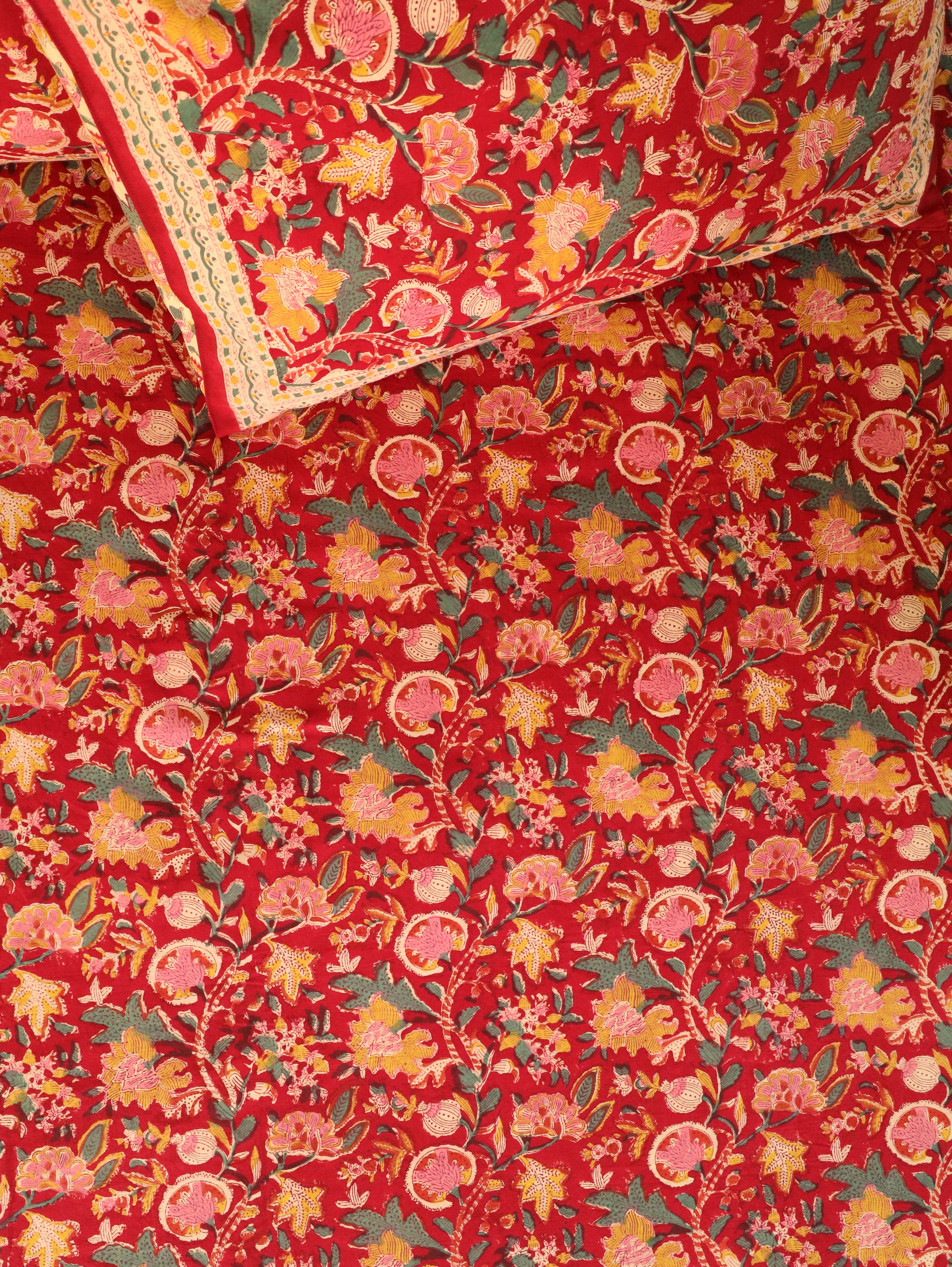 ROYAL RAPID RED HAND BLOCK PRINT COTTON BEDSHEET WITH PILLOW COVER