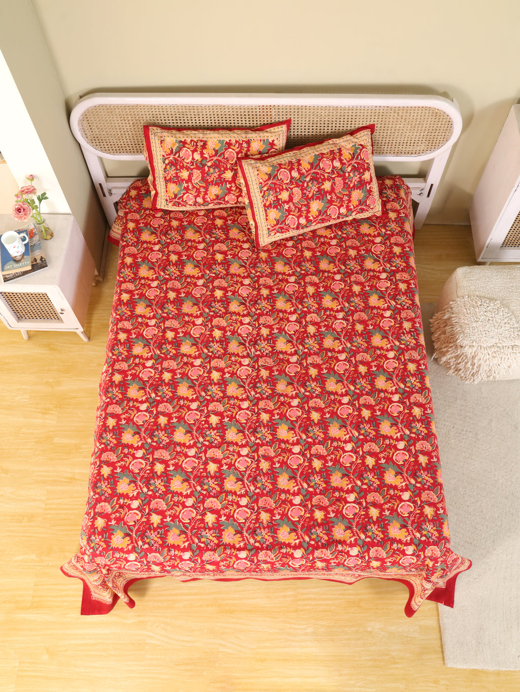 ROYAL RAPID RED HAND BLOCK PRINT COTTON BEDSHEET WITH PILLOW COVER