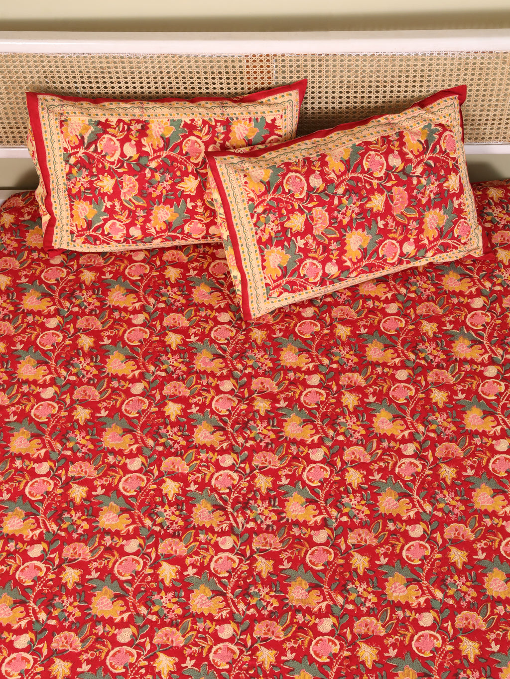 ROYAL RAPID RED HAND BLOCK PRINT COTTON BEDSHEET WITH PILLOW COVER