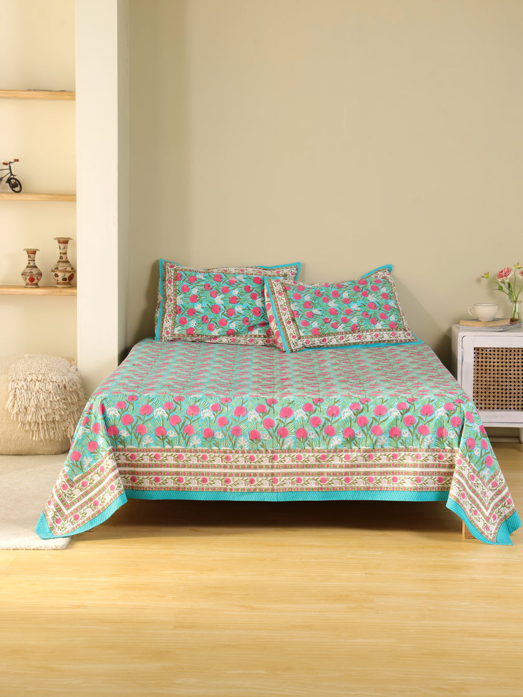 TURQUOISE SANGANERI PRINT HAND BLOCK PRINT COTTON BEDSHEET WITH PILLOW COVER