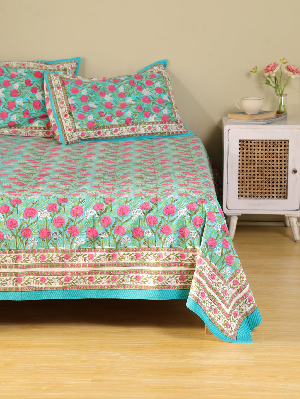 TURQUOISE SANGANERI PRINT HAND BLOCK PRINT COTTON BEDSHEET WITH PILLOW COVER