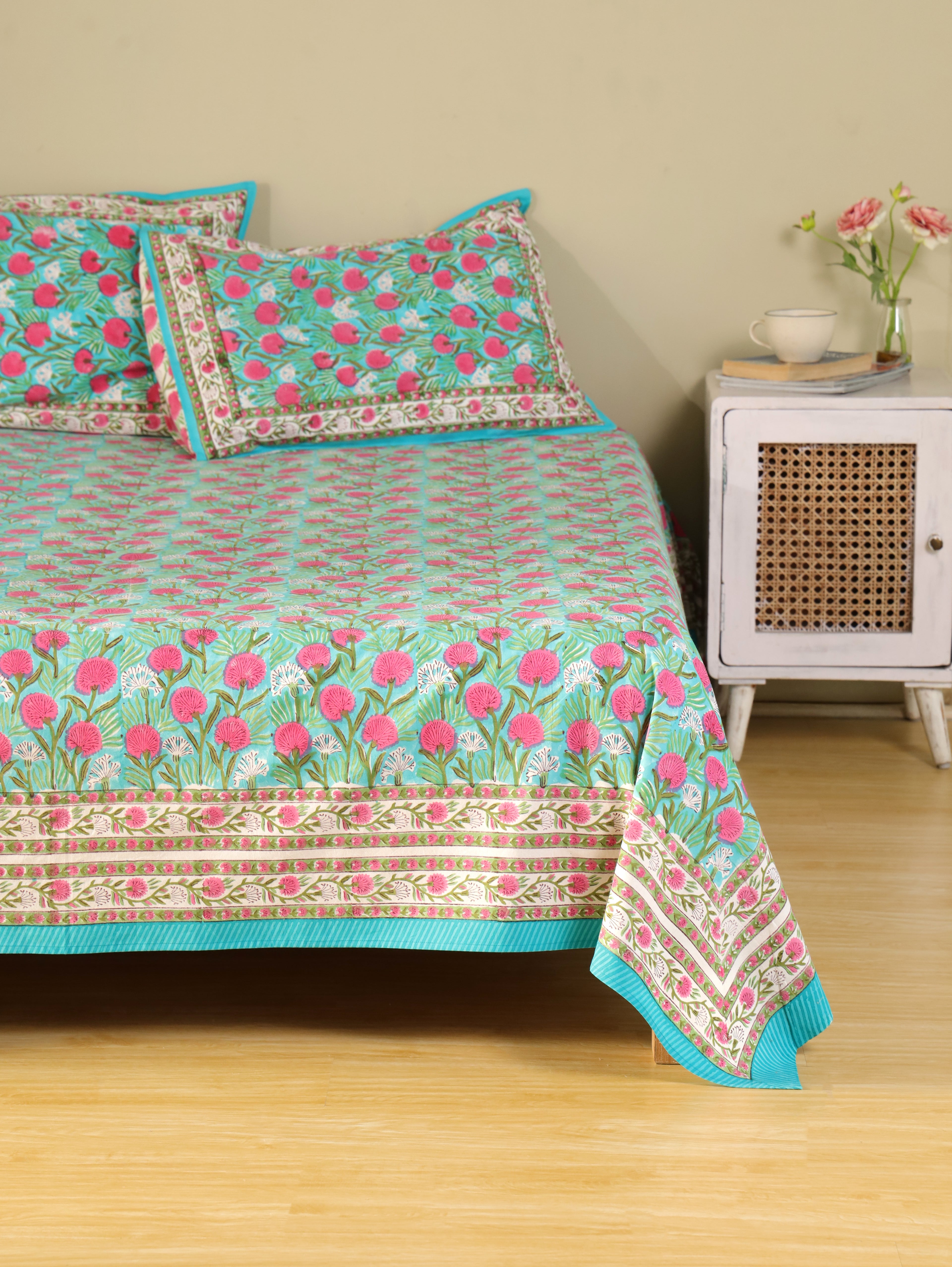 TURQUOISE SANGANERI PRINT HAND BLOCK PRINT COTTON BEDSHEET WITH PILLOW COVER
