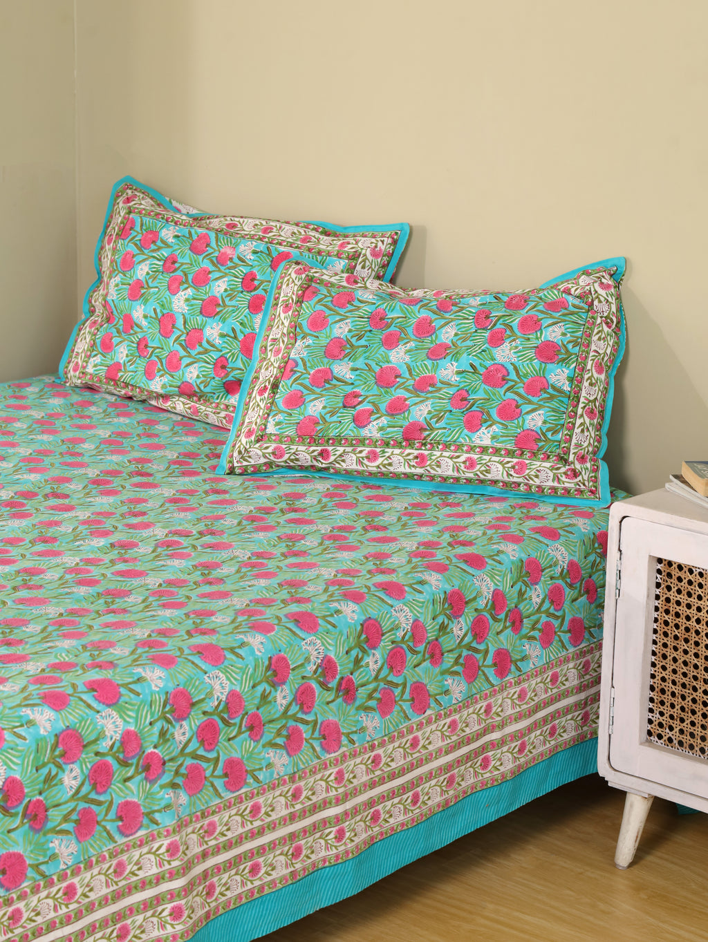 TURQUOISE SANGANERI PRINT HAND BLOCK PRINT COTTON BEDSHEET WITH PILLOW COVER