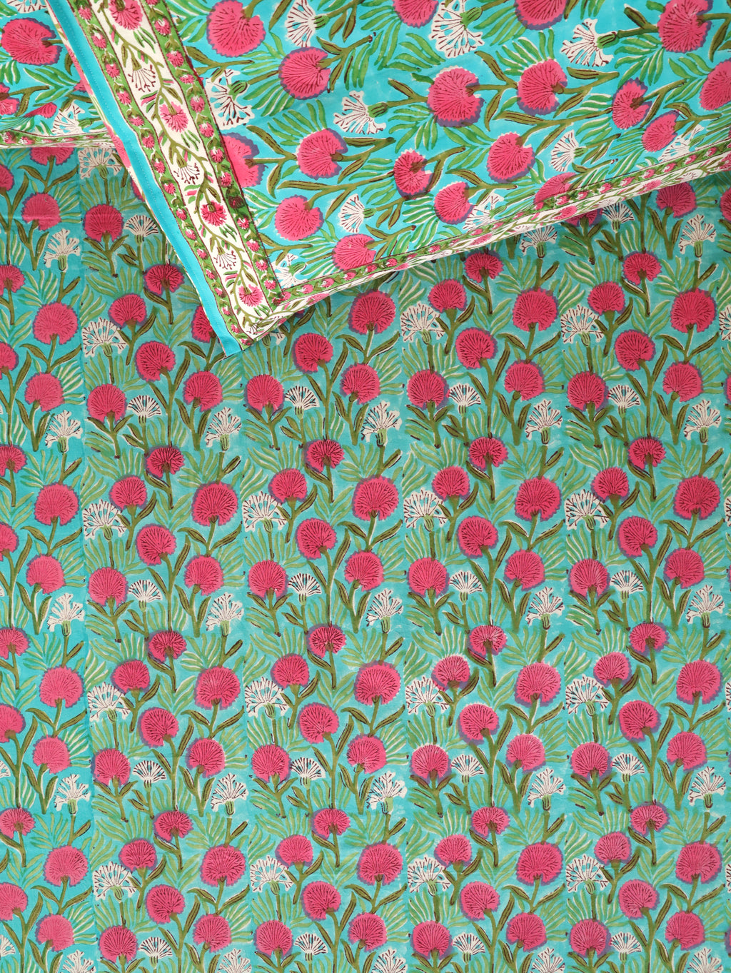 TURQUOISE SANGANERI PRINT HAND BLOCK PRINT COTTON BEDSHEET WITH PILLOW COVER