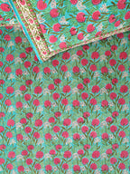 TURQUOISE SANGANERI PRINT HAND BLOCK PRINT COTTON BEDSHEET WITH PILLOW COVER