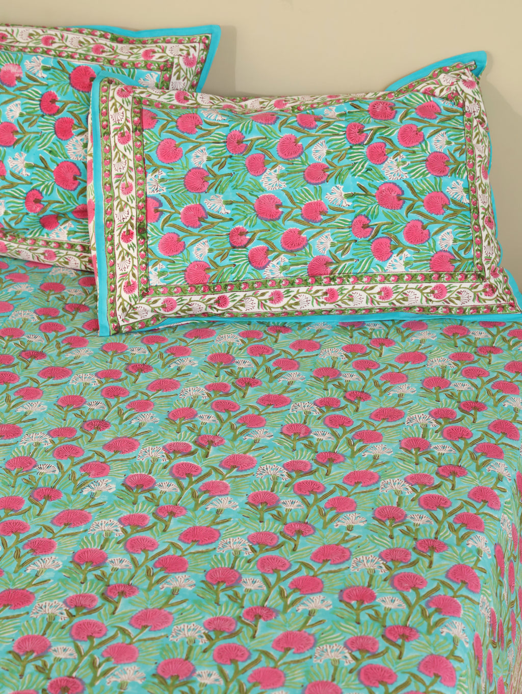 TURQUOISE SANGANERI PRINT HAND BLOCK PRINT COTTON BEDSHEET WITH PILLOW COVER
