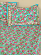 TURQUOISE SANGANERI PRINT HAND BLOCK PRINT COTTON BEDSHEET WITH PILLOW COVER