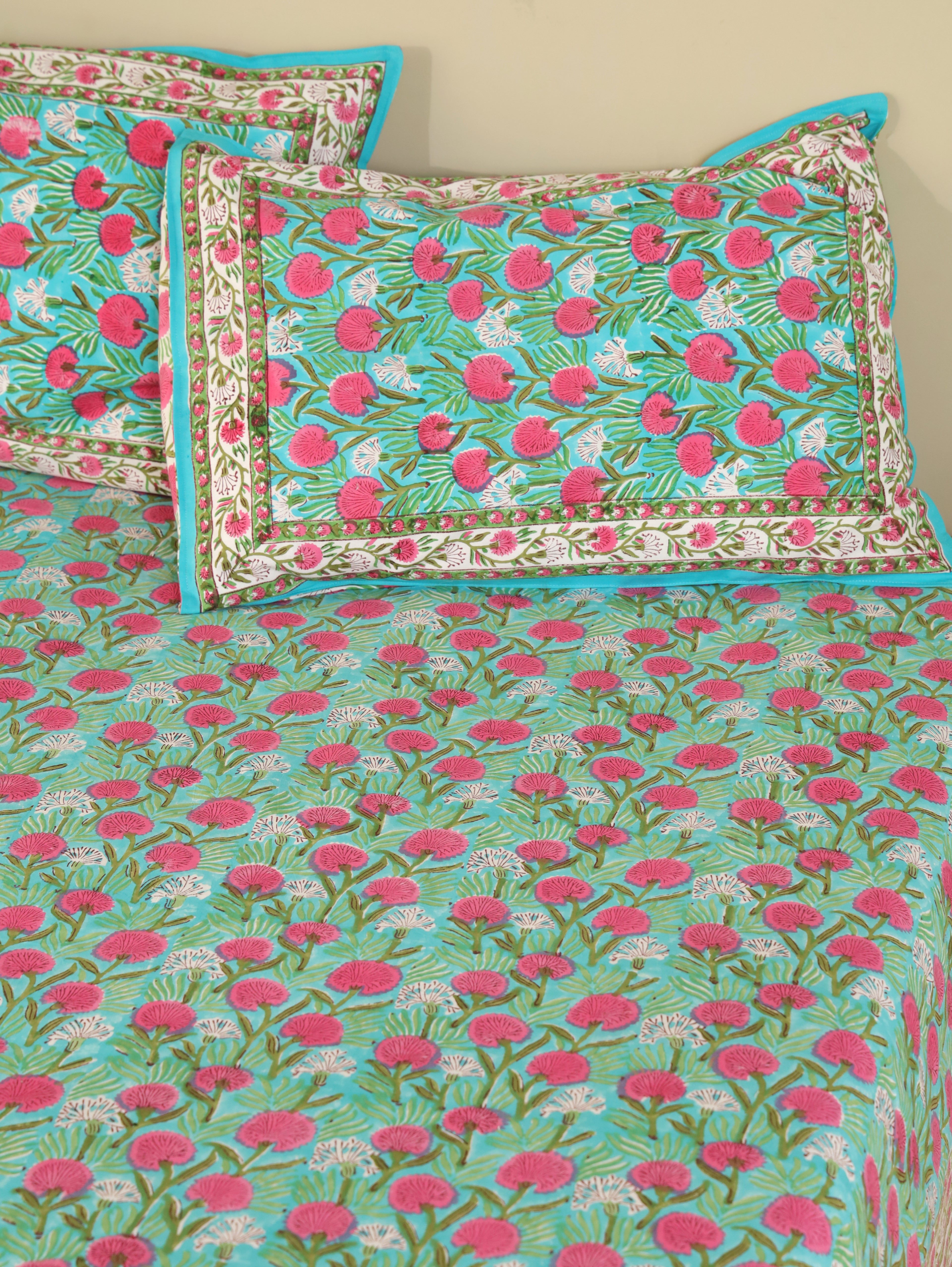TURQUOISE SANGANERI PRINT HAND BLOCK PRINT COTTON BEDSHEET WITH PILLOW COVER