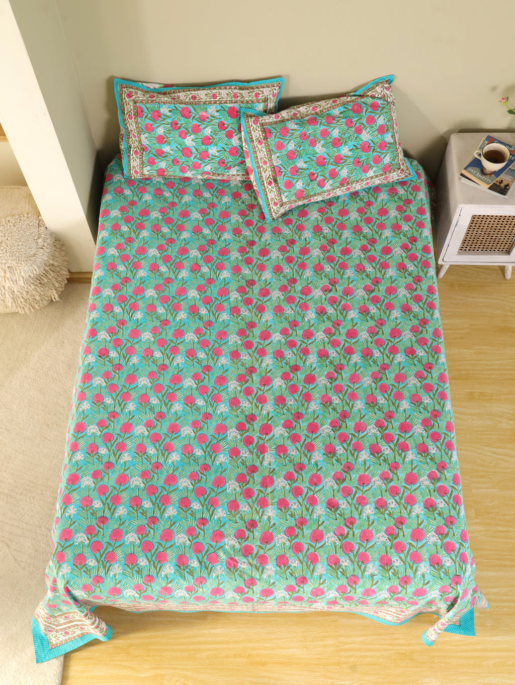TURQUOISE SANGANERI PRINT HAND BLOCK PRINT COTTON BEDSHEET WITH PILLOW COVER