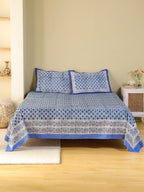 CLASSIC BLUE BUTTI HAND BLOCK PRINT COTTON BEDSHEET WITH PILLOW COVER