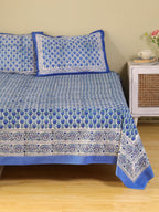 CLASSIC BLUE BUTTI HAND BLOCK PRINT COTTON BEDSHEET WITH PILLOW COVER