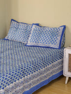 CLASSIC BLUE BUTTI HAND BLOCK PRINT COTTON BEDSHEET WITH PILLOW COVER