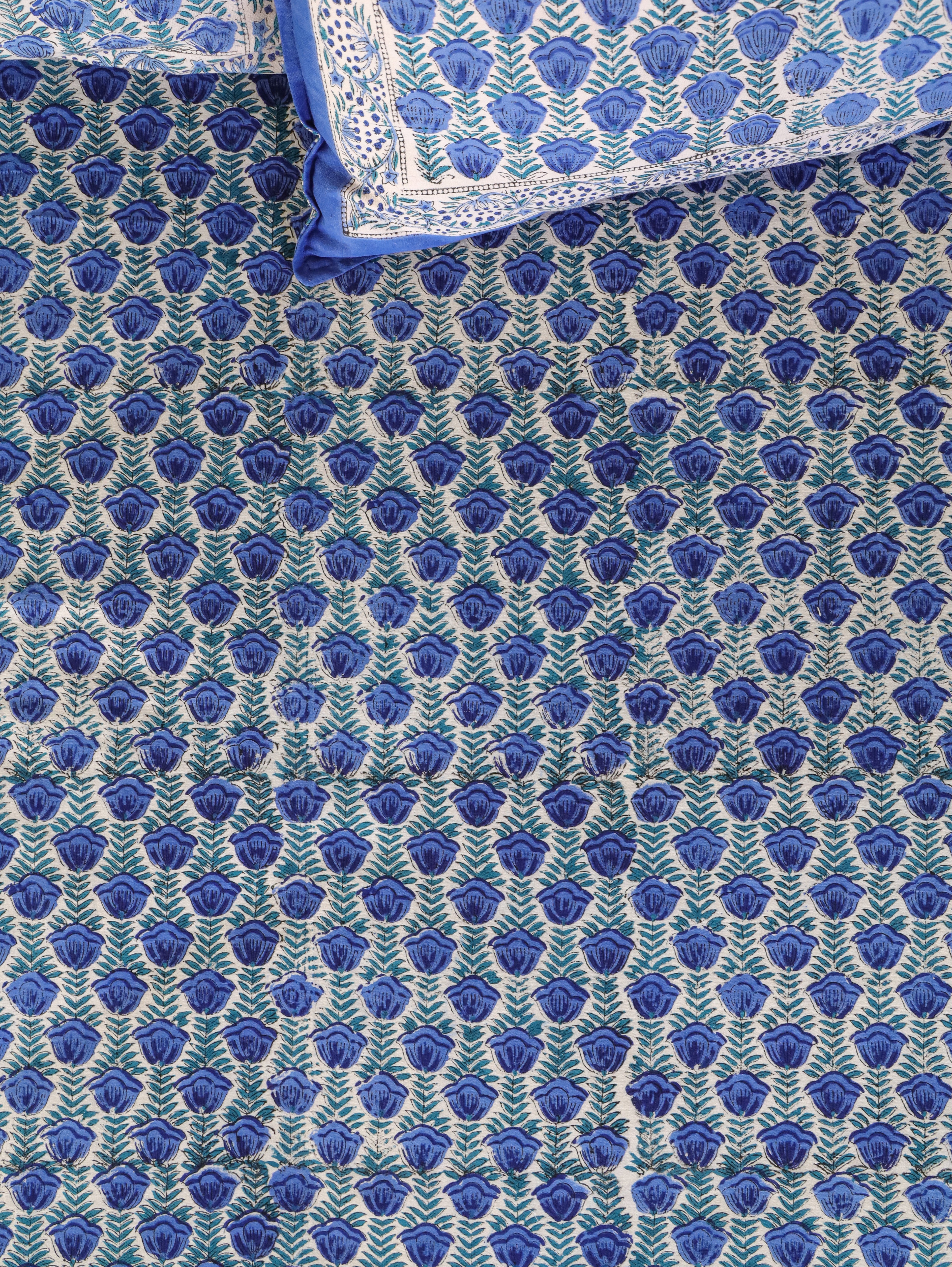 CLASSIC BLUE BUTTI HAND BLOCK PRINT COTTON BEDSHEET WITH PILLOW COVER