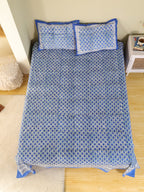 CLASSIC BLUE BUTTI HAND BLOCK PRINT COTTON BEDSHEET WITH PILLOW COVER