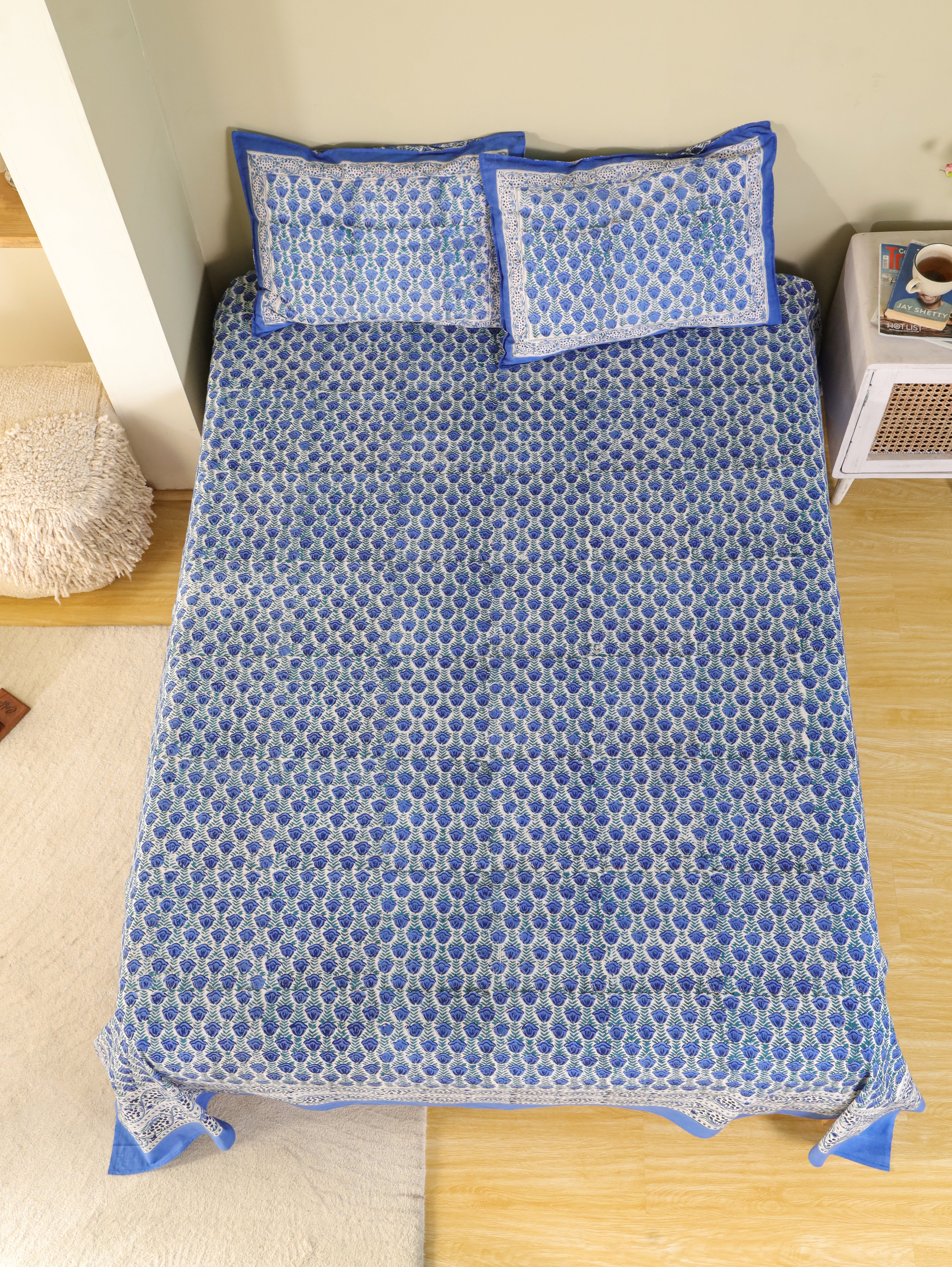 CLASSIC BLUE BUTTI HAND BLOCK PRINT COTTON BEDSHEET WITH PILLOW COVER