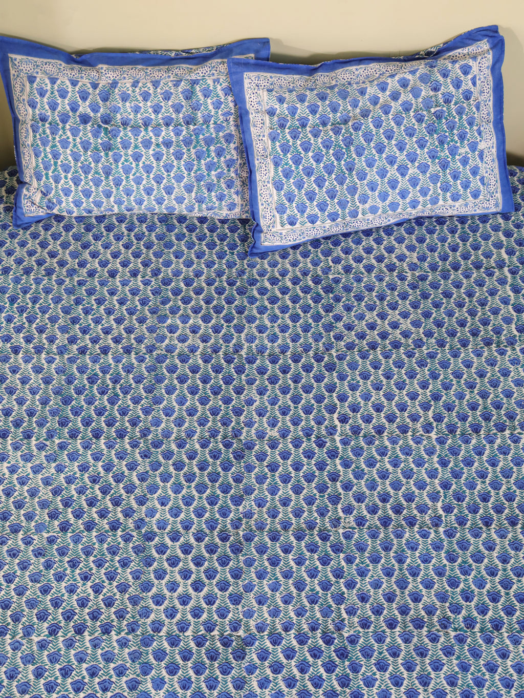 CLASSIC BLUE BUTTI HAND BLOCK PRINT COTTON BEDSHEET WITH PILLOW COVER