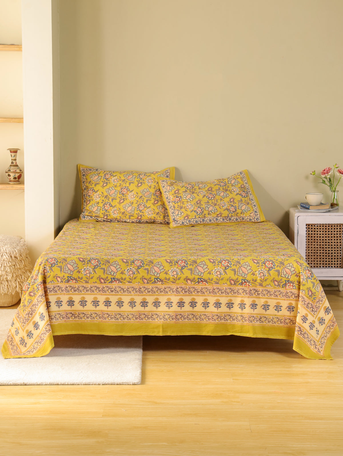 ROYAL GOLDEN GLORY HAND BLOCK PRINT COTTON BEDSHEET WITH PILLOW COVER