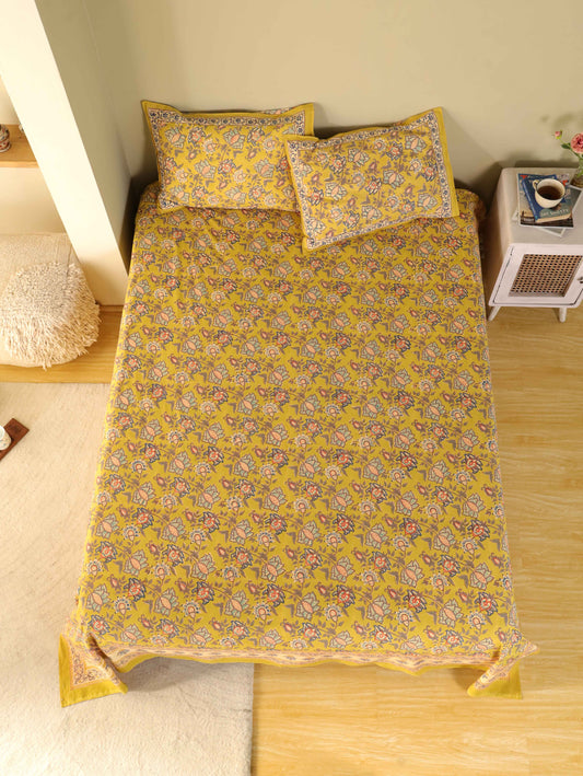 Hand Block Print Jaipuri Cotton Bedsheet With Two Reversible Pillow Cover