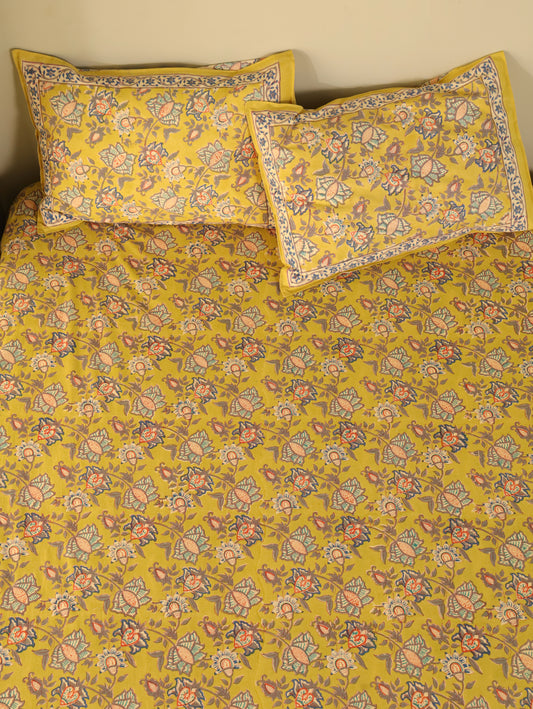 Hand Block Print Jaipuri Cotton Bedsheet With Two Reversible Pillow Cover