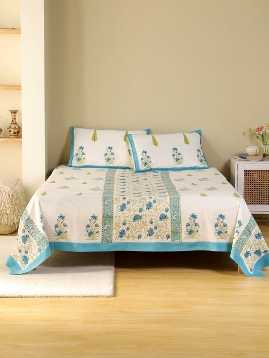 Hand Block Print Jaipuri Cotton Bedsheet With Two Reversible Pillow Cover