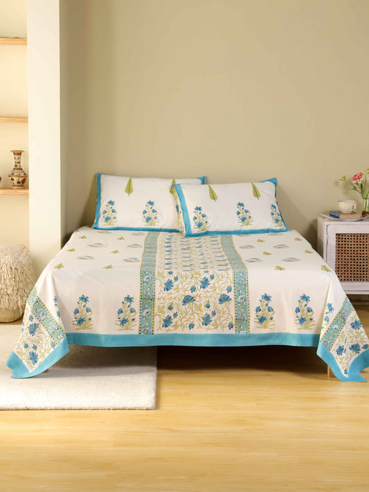 Hand Block Print Jaipuri Cotton Bedsheet With Two Reversible Pillow Cover