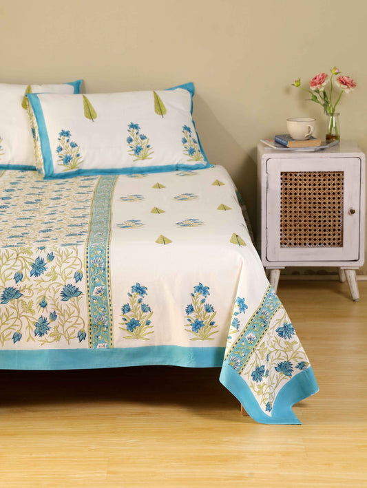 Hand Block Print Jaipuri Cotton Bedsheet With Two Reversible Pillow Cover