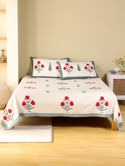 Hand Block Print Jaipuri Cotton Bedsheet With Two Reversible Pillow Cover