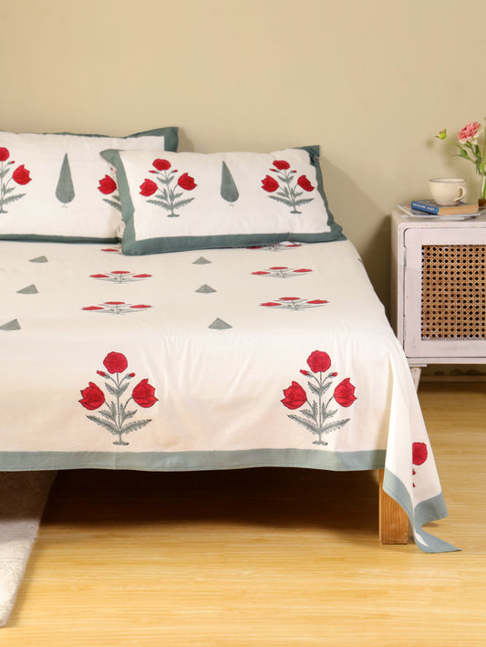 Hand Block Print Jaipuri Cotton Bedsheet With Two Reversible Pillow Cover