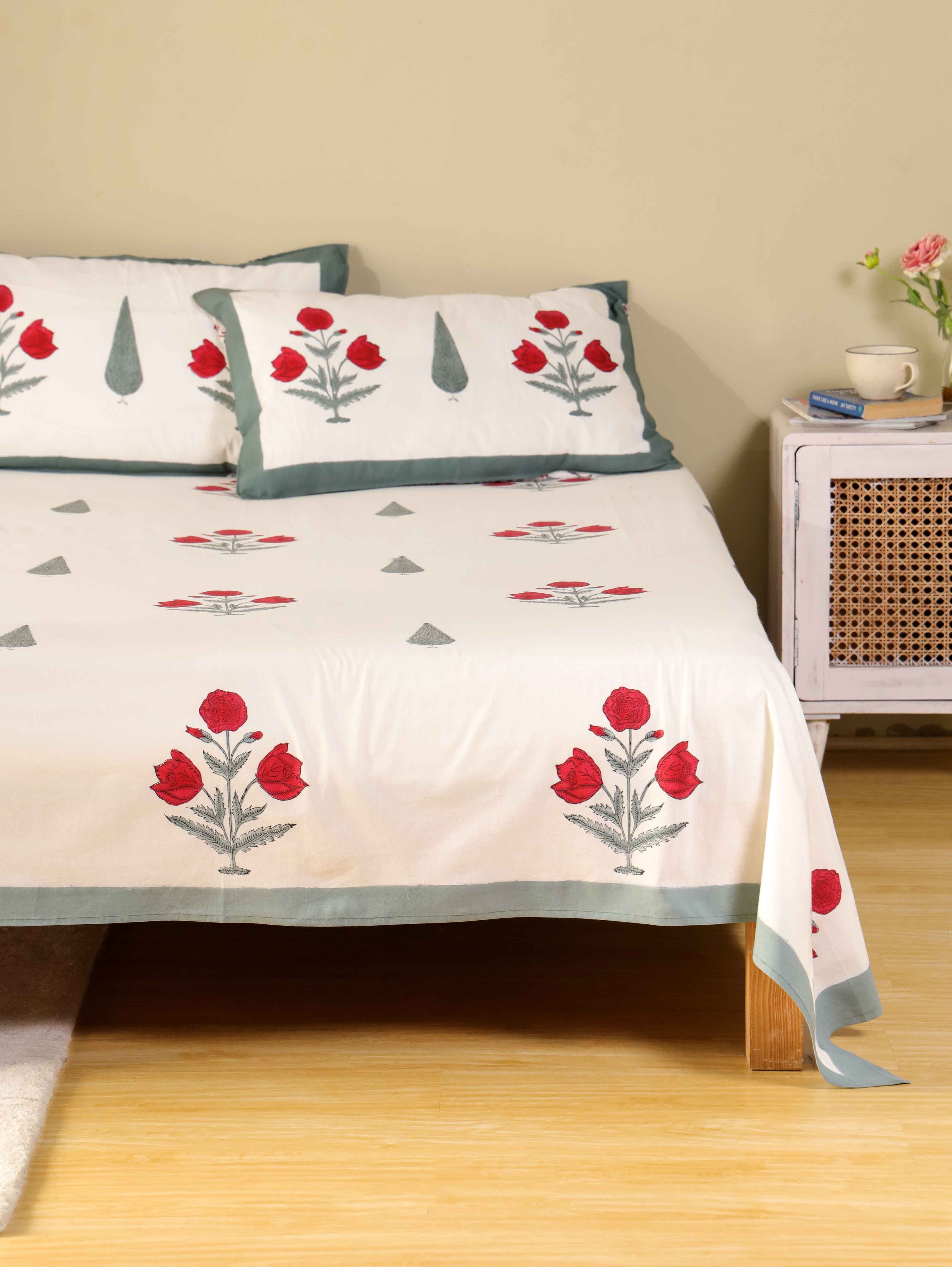 Hand Block Print Jaipuri Cotton Bedsheet With Two Reversible Pillow Cover