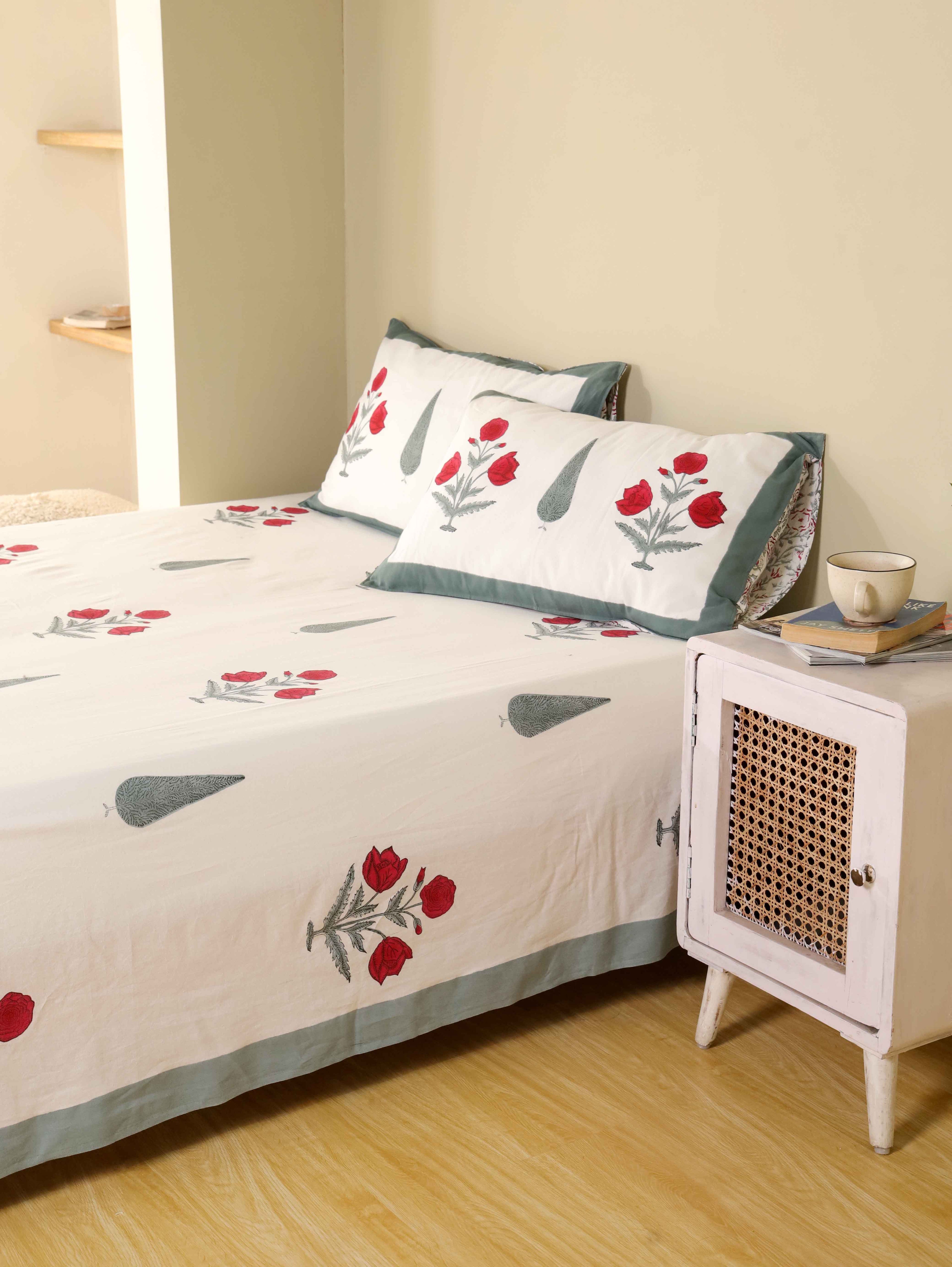 Hand Block Print Jaipuri Cotton Bedsheet With Two Reversible Pillow Cover