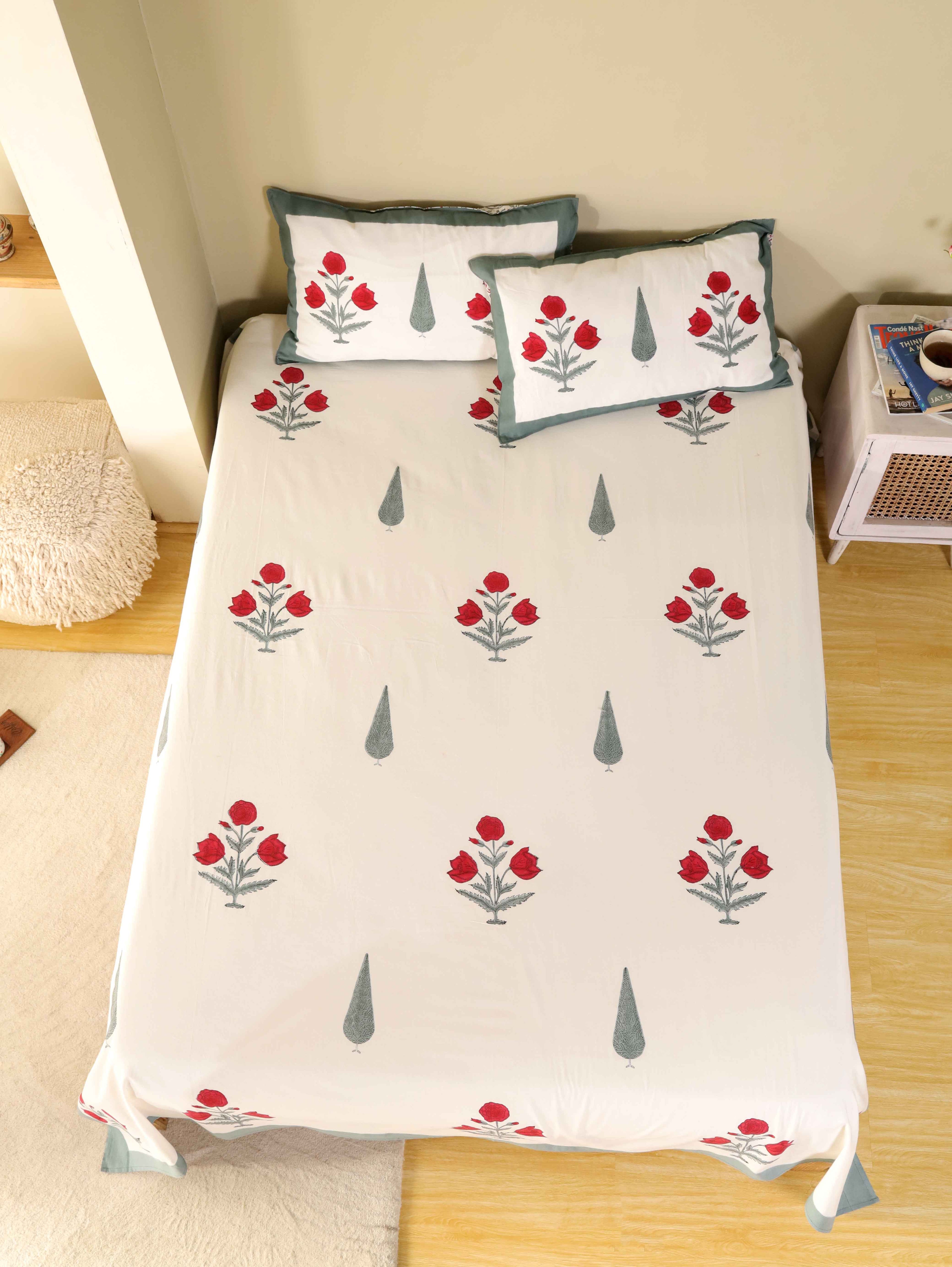 Hand Block Print Jaipuri Cotton Bedsheet With Two Reversible Pillow Cover