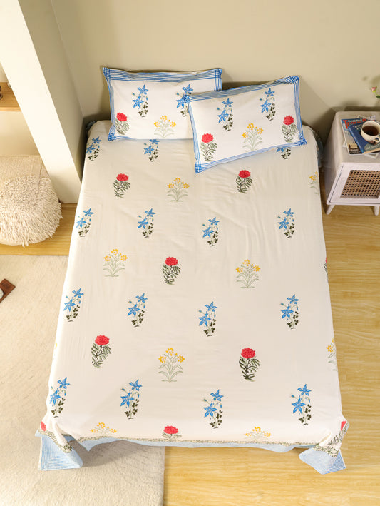 Hand Block Print Jaipuri Cotton Bedsheet With Two Reversible Pillow Cover