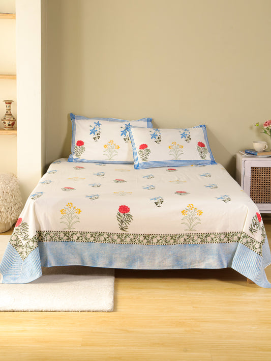 Hand Block Print Jaipuri Cotton Bedsheet With Two Reversible Pillow Cover