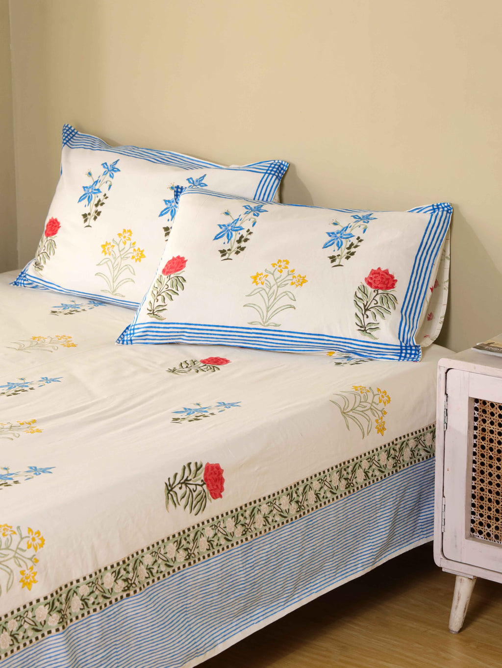 MULTI SPRING HAND BLOCK PRINT COTTON BEDSHEET WITH PILLOW COVER