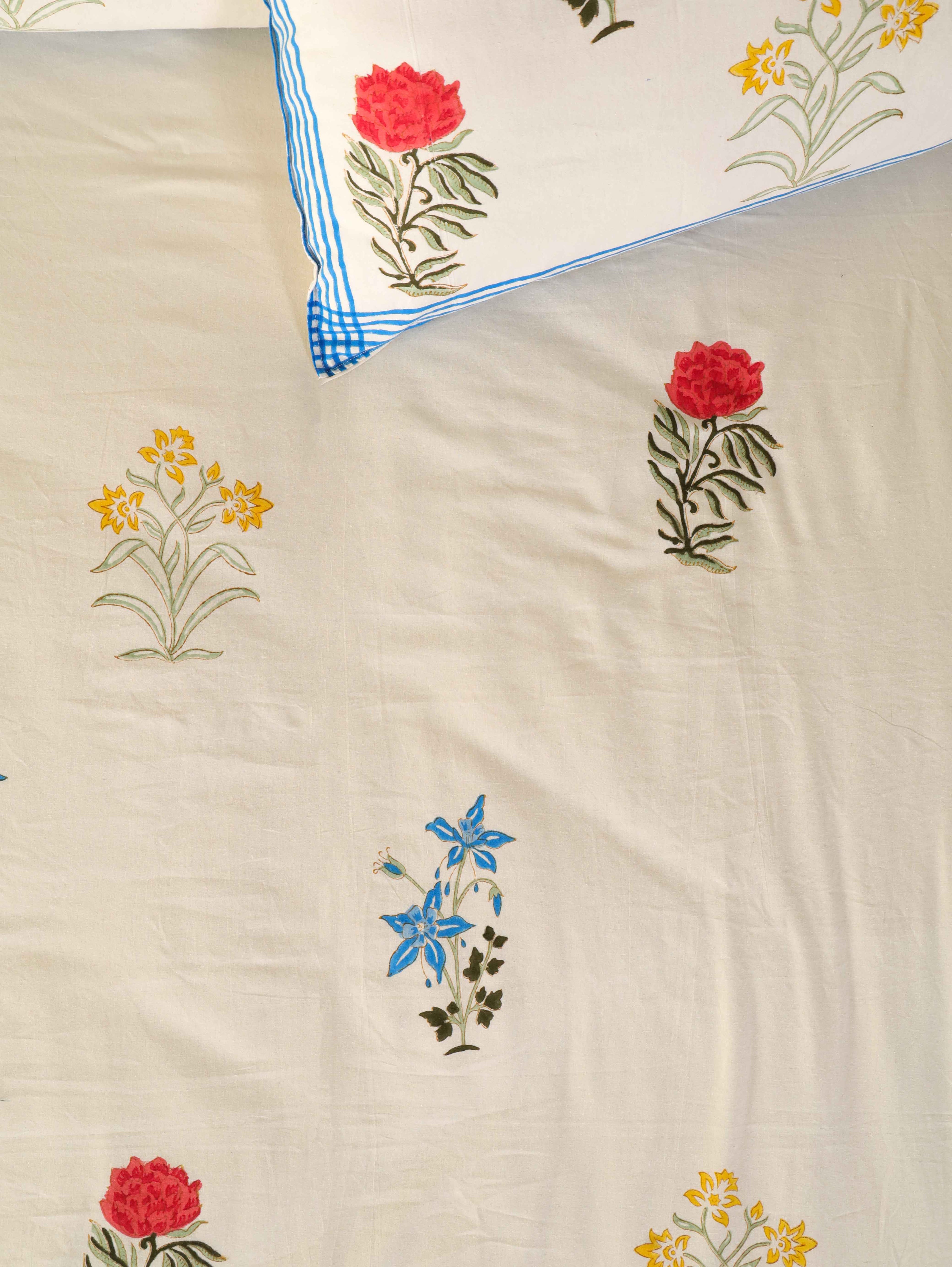 MULTI SPRING HAND BLOCK PRINT COTTON BEDSHEET WITH PILLOW COVER