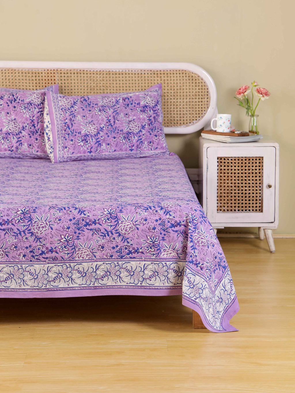 LAVENDER BLOOM HAND BLOCK PRINT COTTON BEDSHEET WITH PILLOW COVER