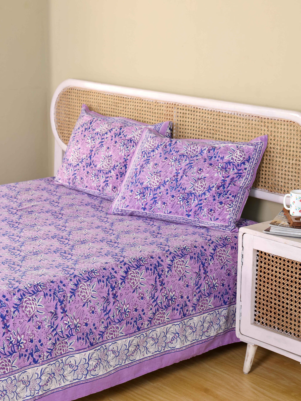 LAVENDER BLOOM HAND BLOCK PRINT COTTON BEDSHEET WITH PILLOW COVER