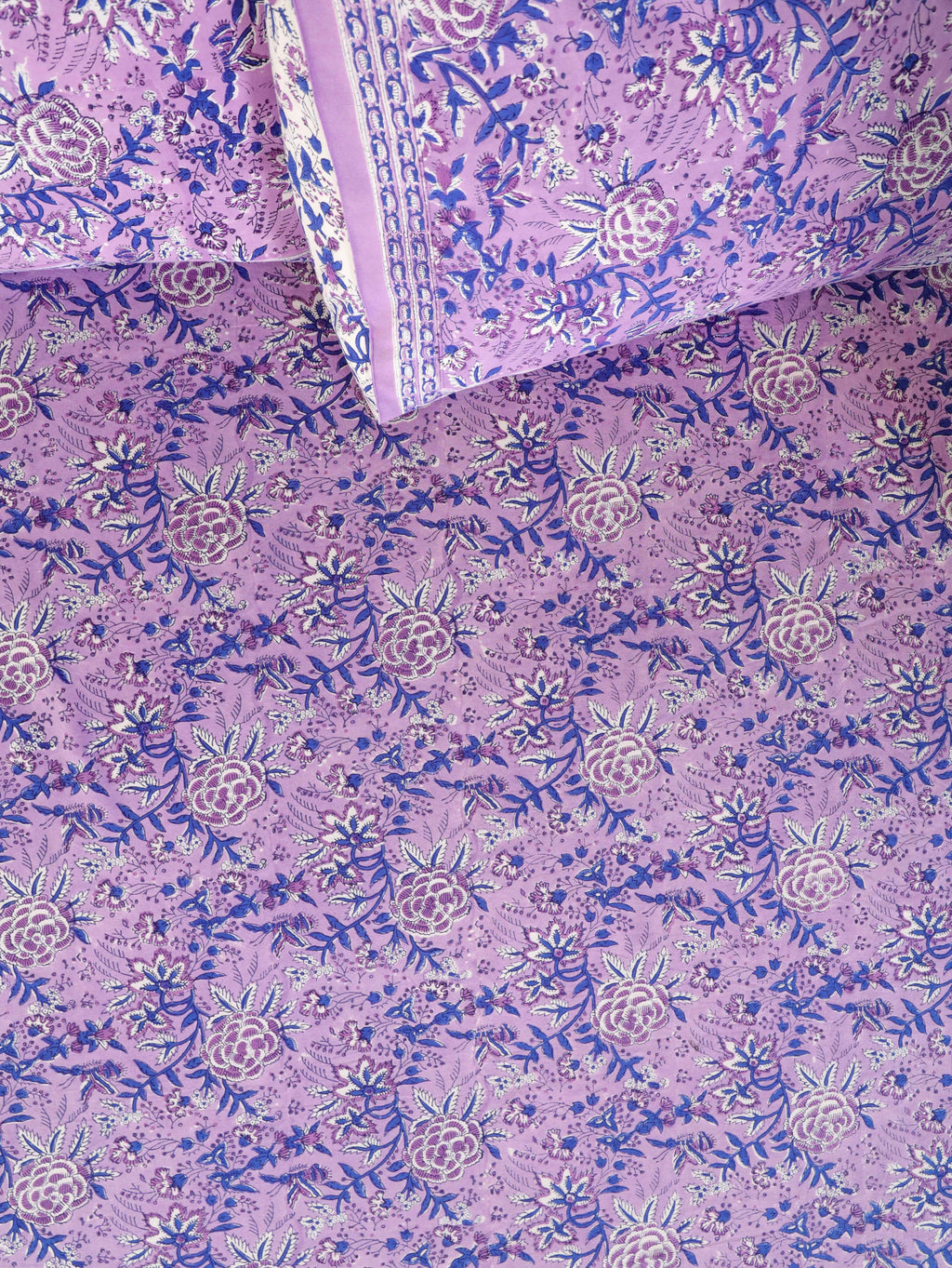 LAVENDER BLOOM HAND BLOCK PRINT COTTON BEDSHEET WITH PILLOW COVER