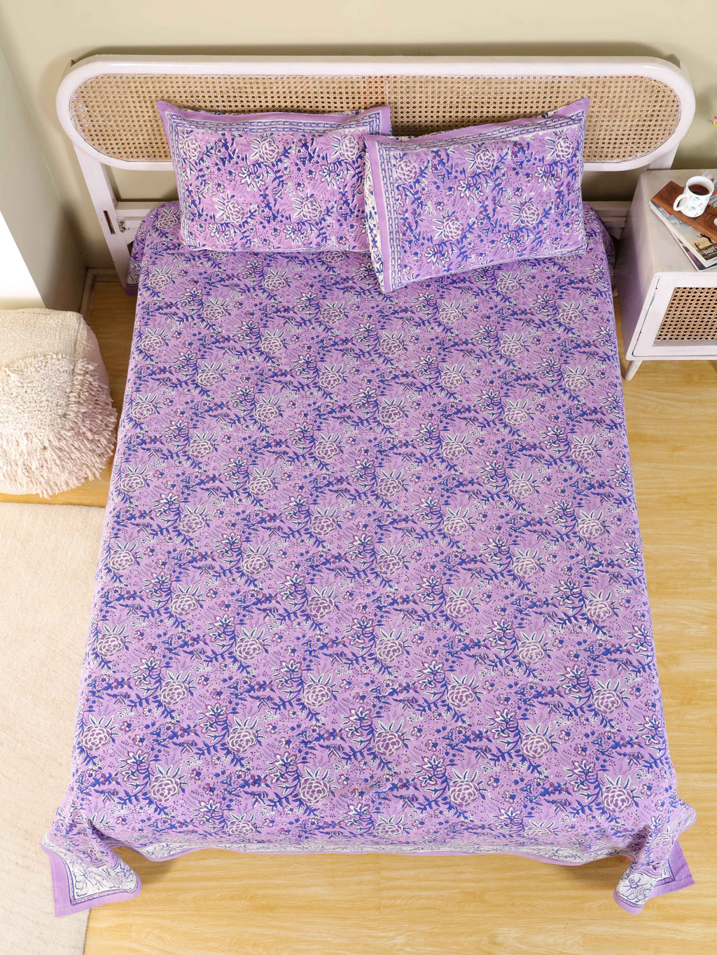 LAVENDER BLOOM HAND BLOCK PRINT COTTON BEDSHEET WITH PILLOW COVER