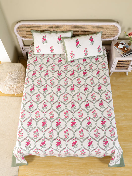Hand Block Print Jaipuri Cotton Bedsheet With Two Reversible Pillow Cover