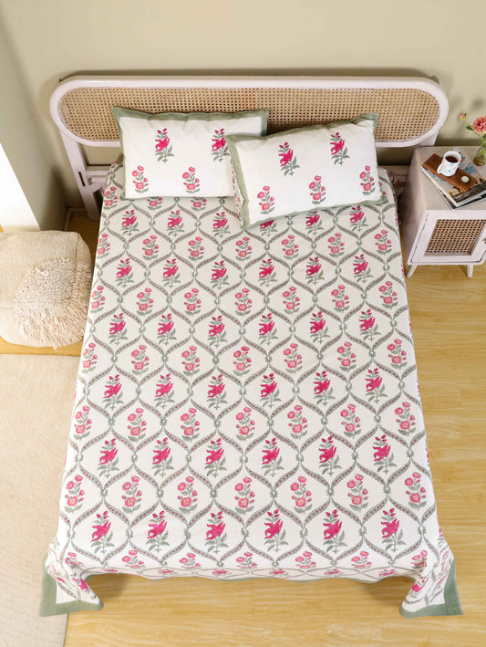 Hand Block Print Jaipuri Cotton Bedsheet With Two Reversible Pillow Cover