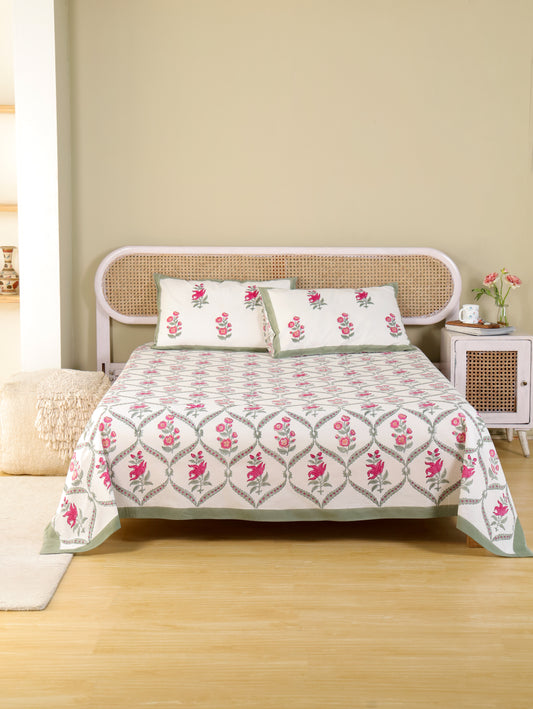 Hand Block Print Jaipuri Cotton Bedsheet With Two Reversible Pillow Cover